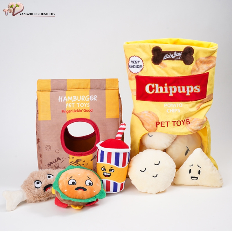 Hamburger Sniff Take Away Bag Plush Dog Chewy Soft Squeaky Toys