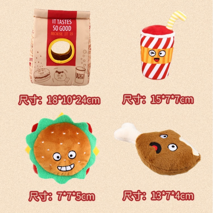 Hamburger Sniff Take Away Bag Plush Dog Chewy Soft Squeaky Toys