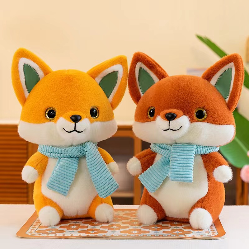 Fox Animal Fluffy Soft Stuffed Doll with Scarf Custom Pillow Gift Plush Toys