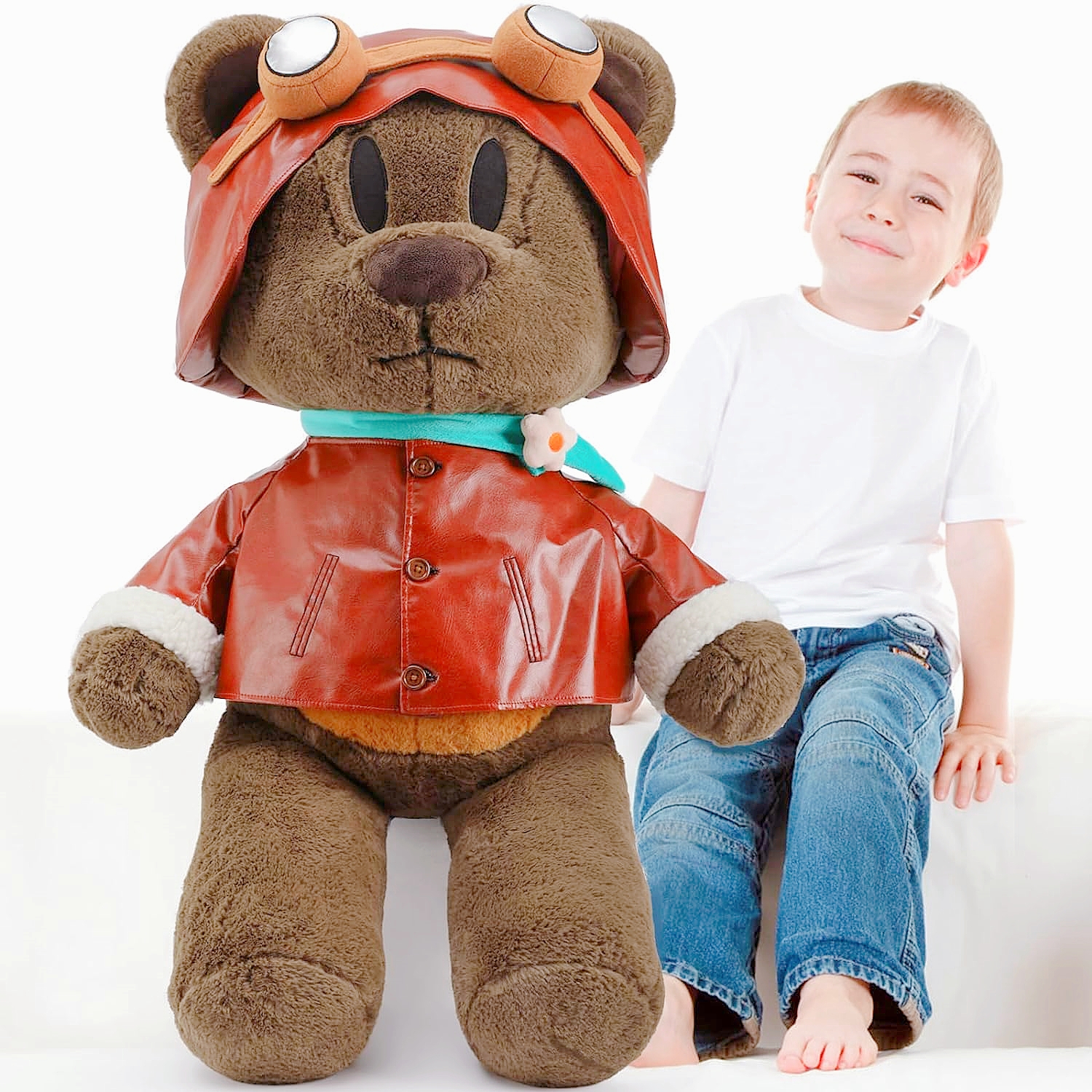 Teddy Pilot Bear Giant Dark Brown Plush Soft Unique Gift Stuffed Toys