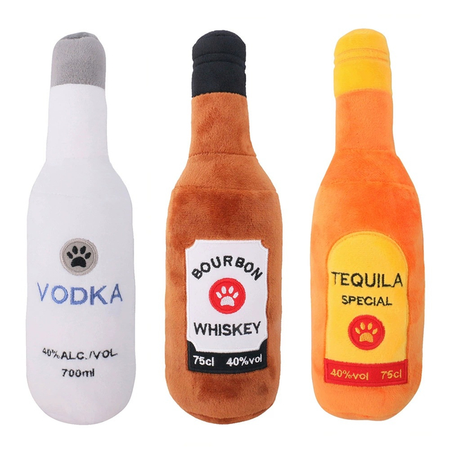 Wholesale Custom Printing Pet Toy Plush Stuffed Bottle Dog Squeaky Chew Toy