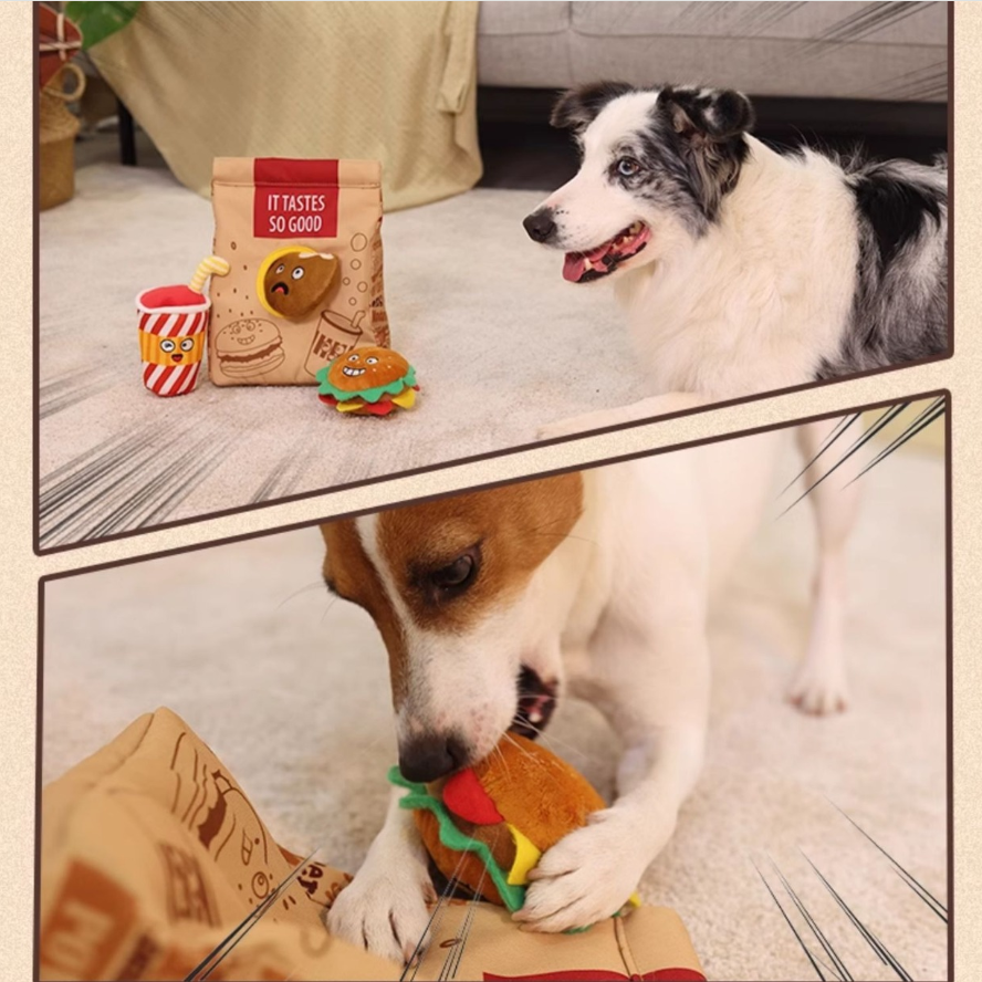 Hamburger Sniff Take Away Bag Plush Dog Chewy Soft Squeaky Toys