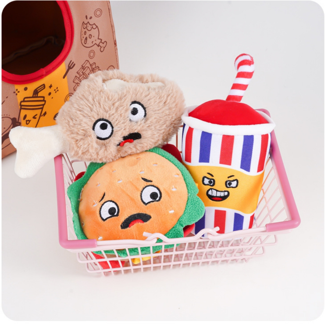 Hamburger Sniff Take Away Bag Plush Dog Chewy Soft Squeaky Toys