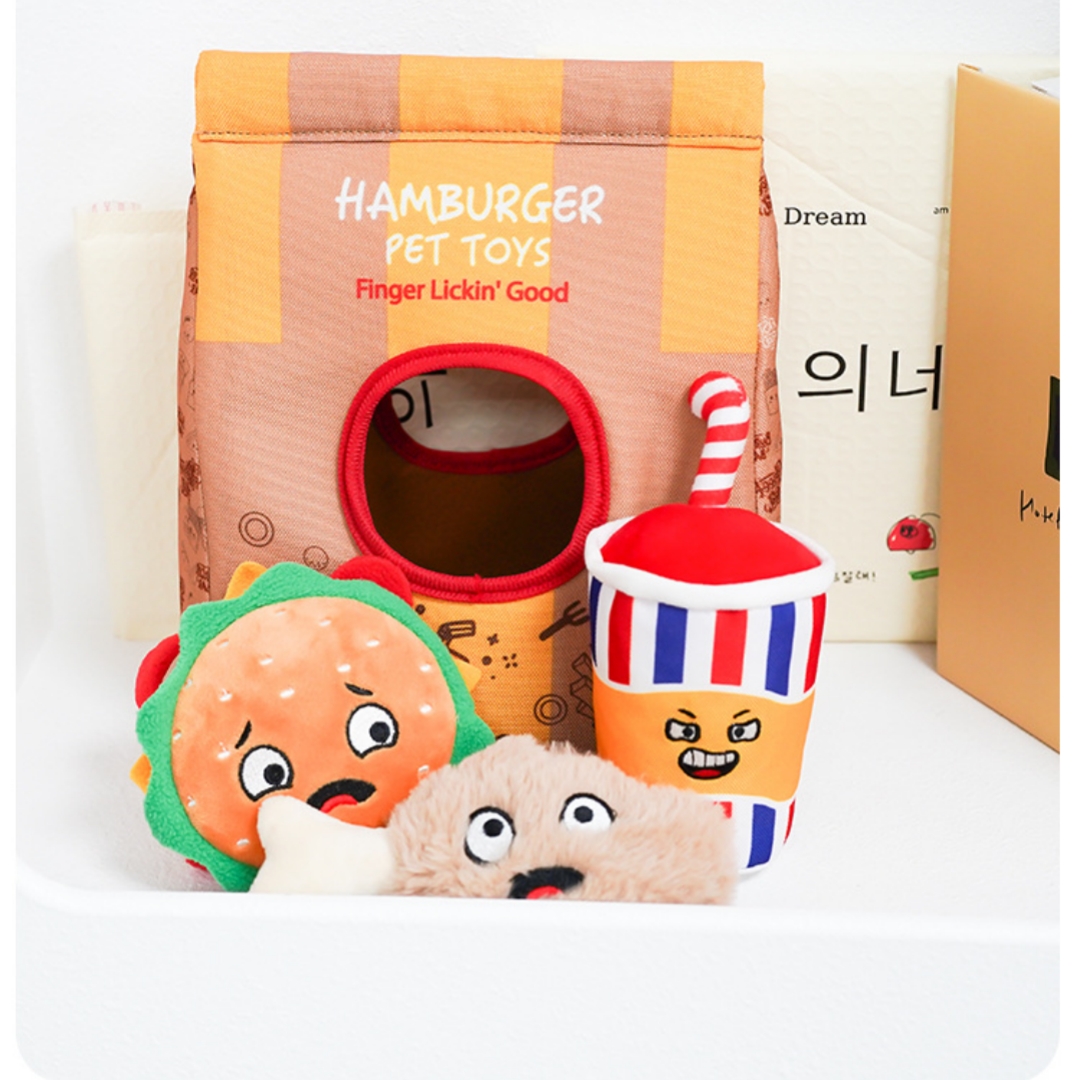 Hamburger Sniff Take Away Bag Plush Dog Chewy Soft Squeaky Toys