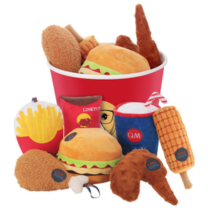 Hot Sale Plush Stuffed Pet Food Family Bucket Fried Chicken Dog Chew Squeaky Toy