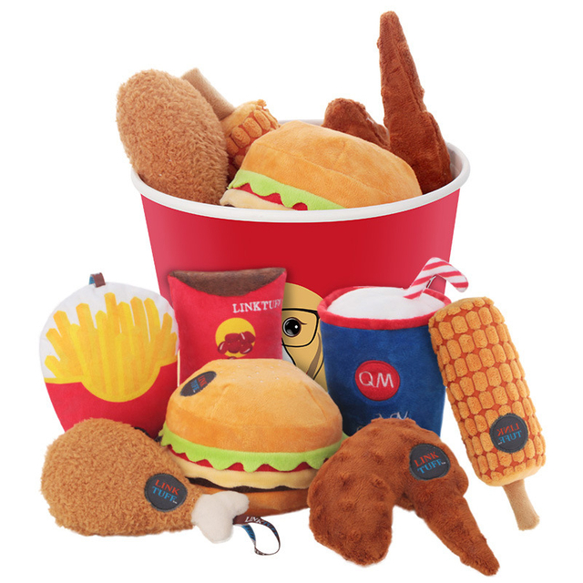 Hot Sale Plush Stuffed Pet Food Family Bucket Fried Chicken Dog Chew Squeaky Toy