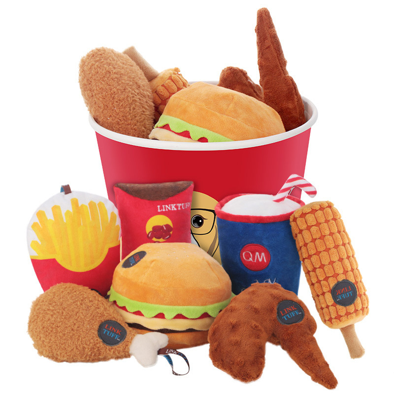 Hot Sale Plush Stuffed Pet Food Family Bucket Fried Chicken Dog Chew Squeaky Toy
