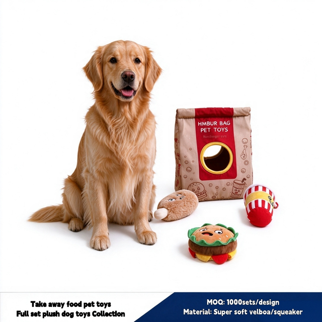 Hamburger Sniff Take Away Bag Plush Dog Chewy Soft Squeaky Toys