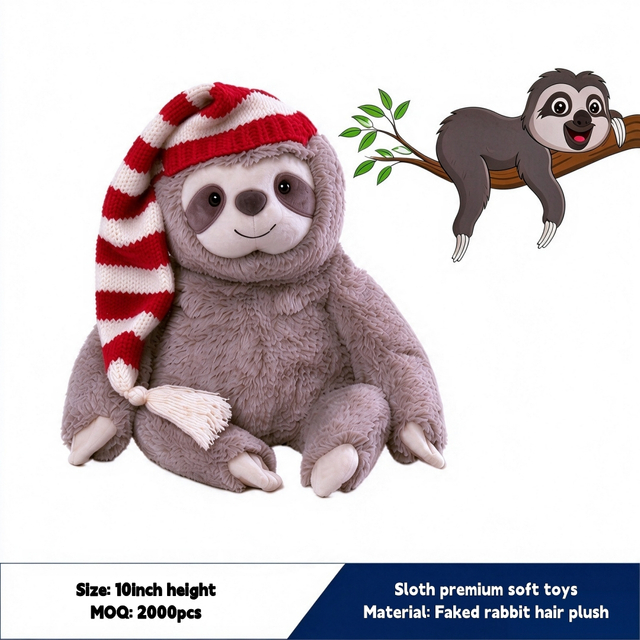 Fluffy Sloth Plush Toy With Striped Knit Hat For Holiday Gift Wholesale