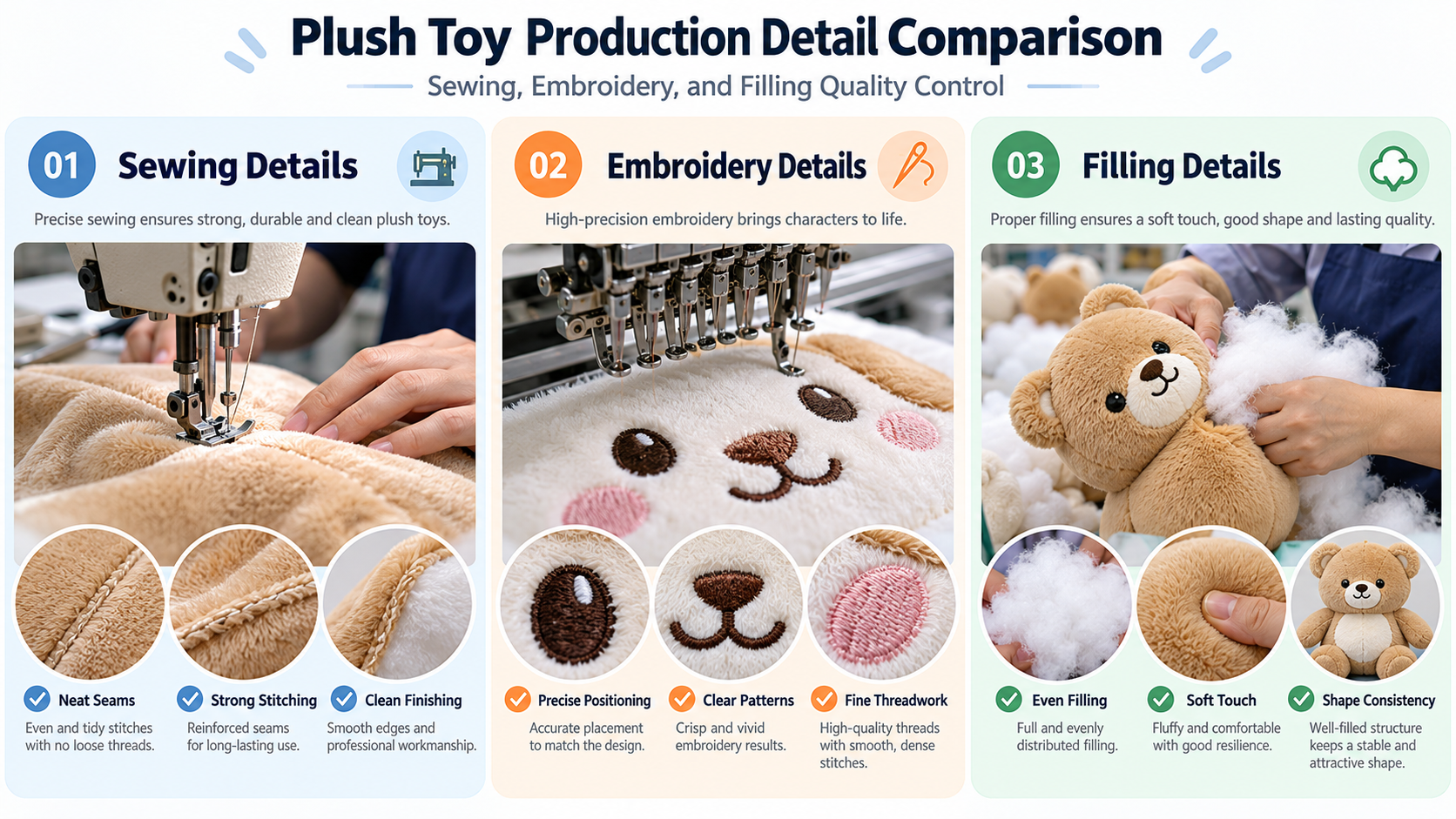 Custom plush toy manufacturing quality comparison showing sewing details, precise embroidery, and even polyester filling for consistent plush toy quality.
